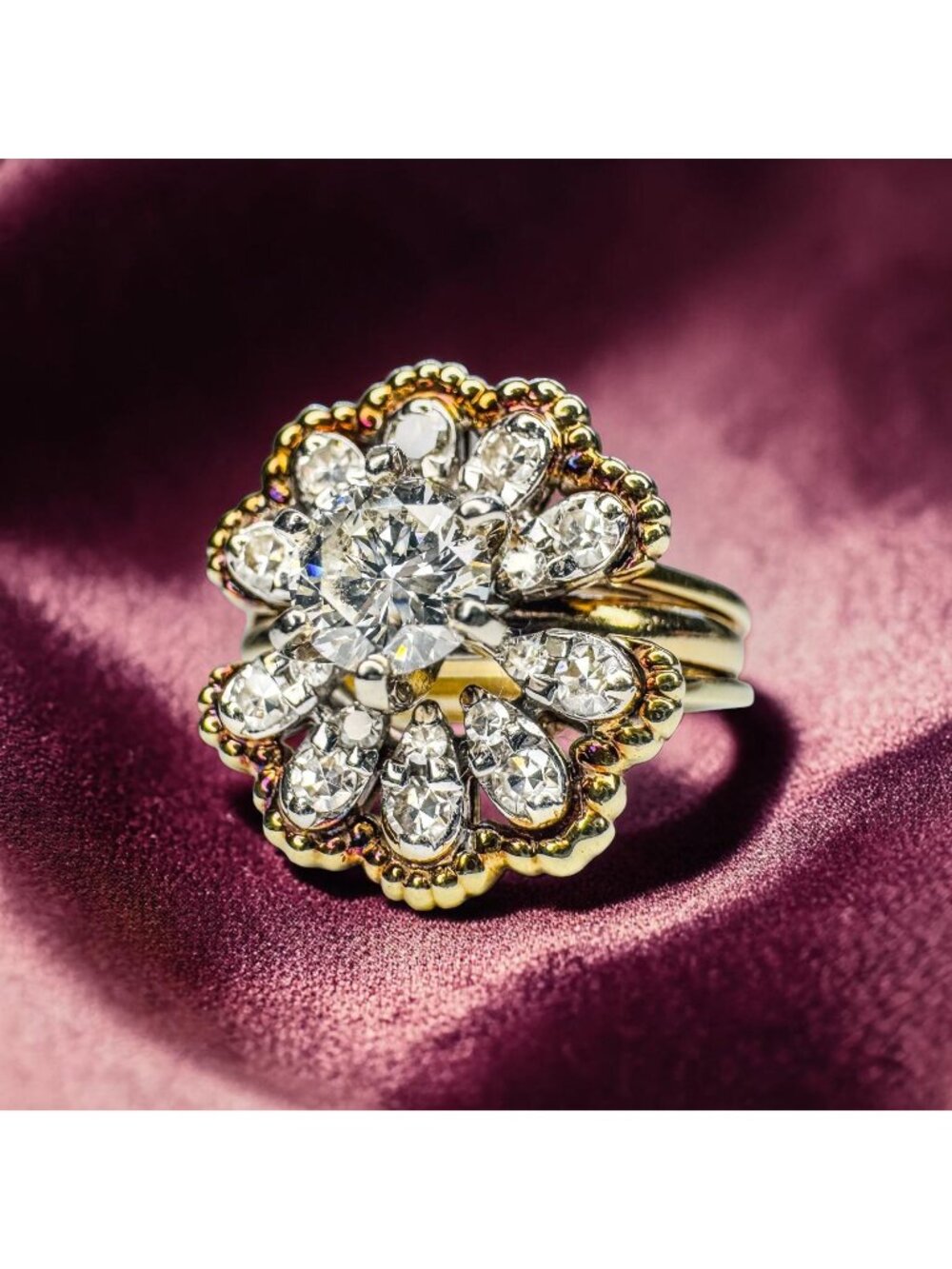 Vintage 1950s Diamond Floral Halo Ring 0.95ct 14K Gold MidCentury Bridal Cluster